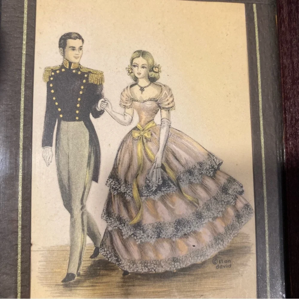 Pair Vintage Stan David 1970s Art Prints Featuring Victorian Couple Wood Frames